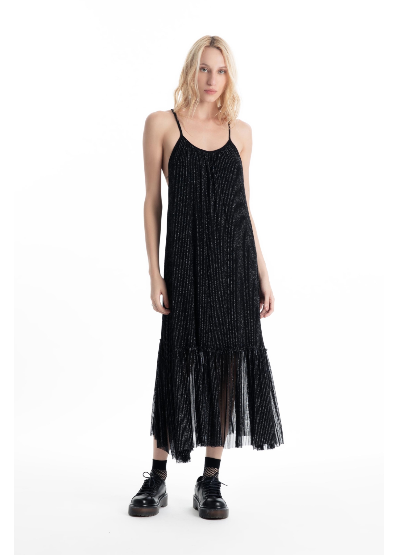Vestido Tule Lurex Midi Preto