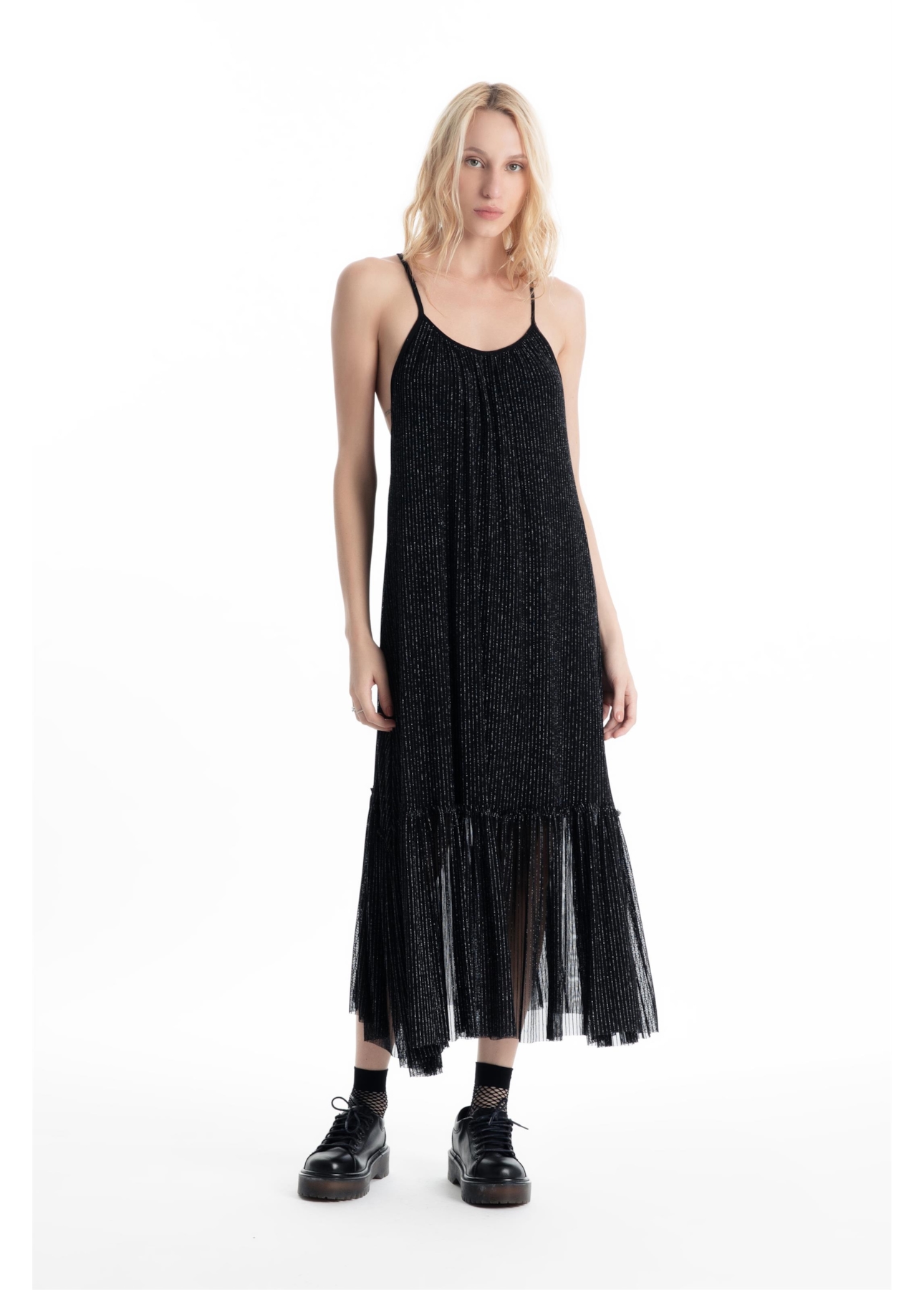 Vestido Tule Lurex Midi Preto