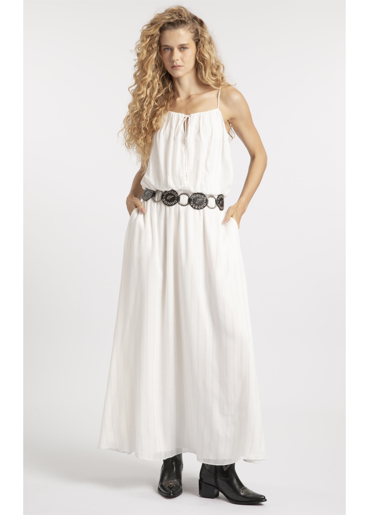 Vestido Visco Lurex Ruching Branco
