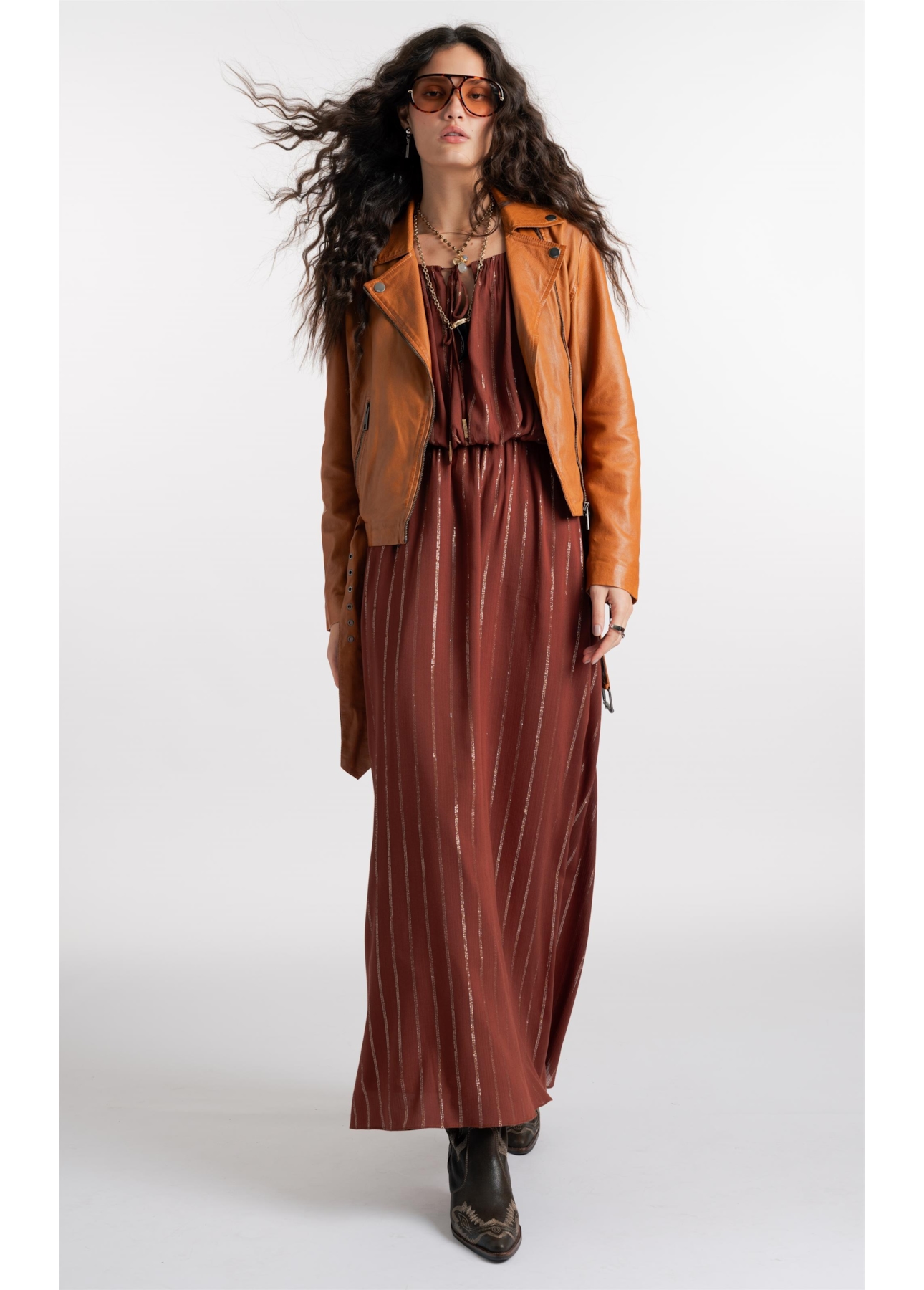 Vestido Visco Lurex Ruching Marrom