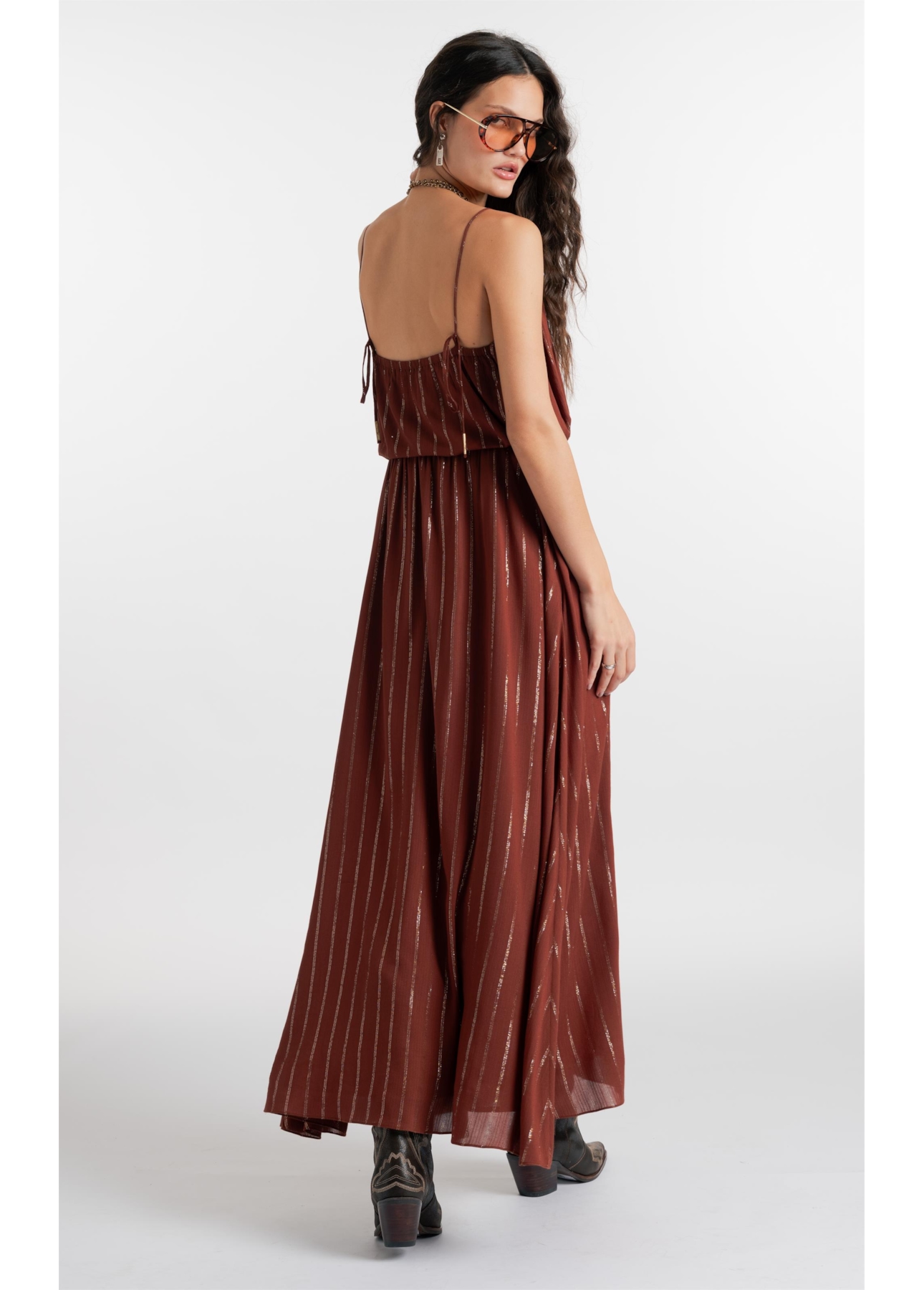 Vestido Visco Lurex Ruching Marrom