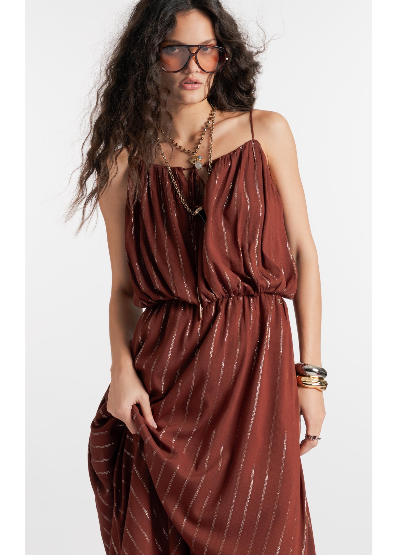 Vestido Visco Lurex Ruching Marrom
