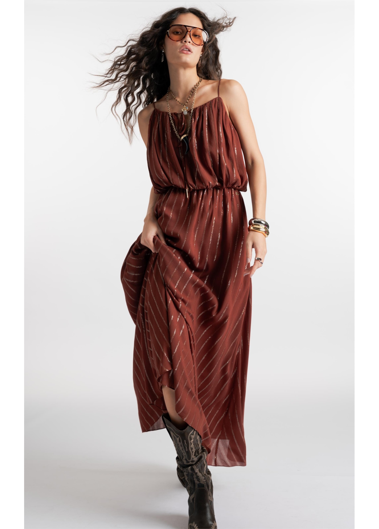 Vestido Visco Lurex Ruching Marrom