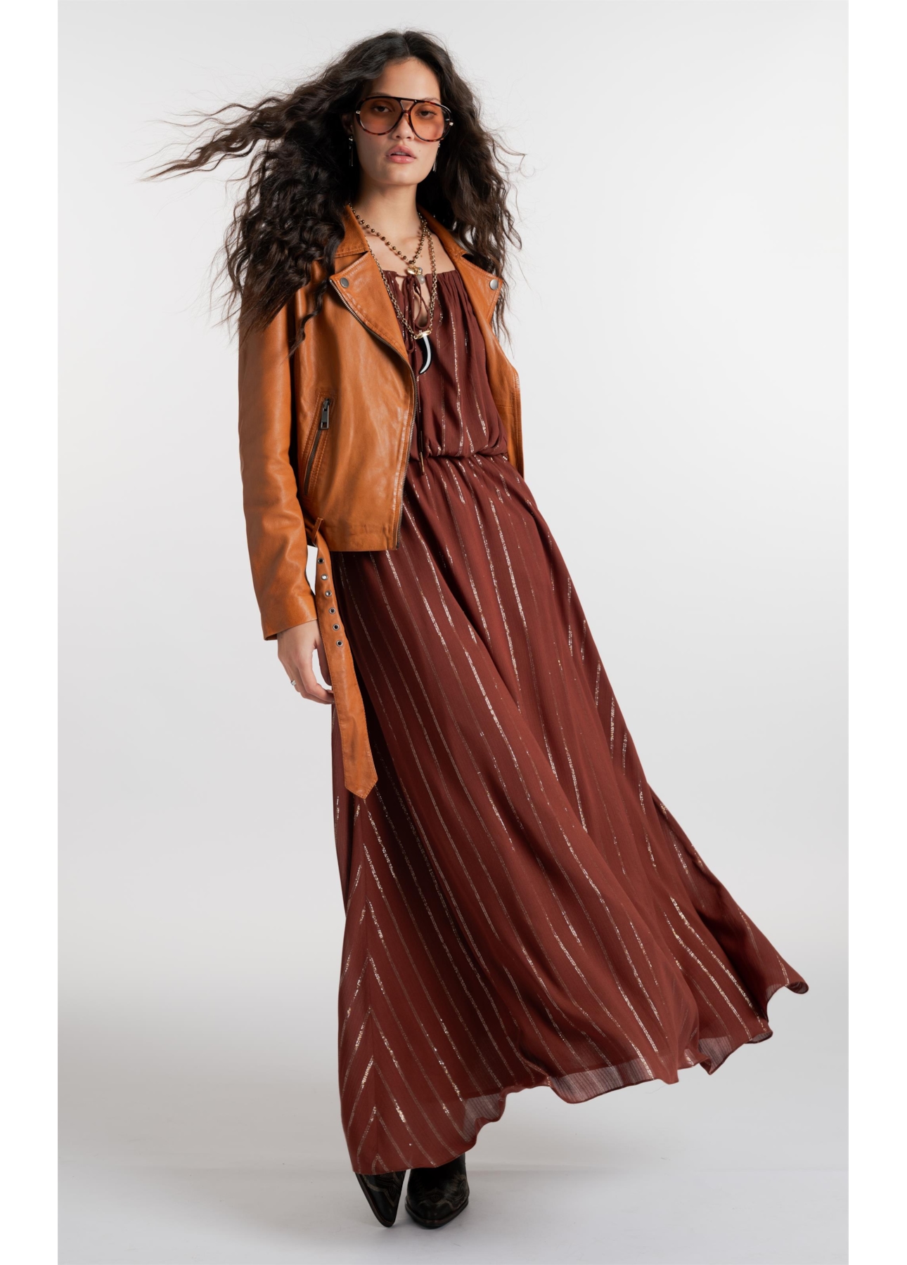 Vestido Visco Lurex Ruching Marrom