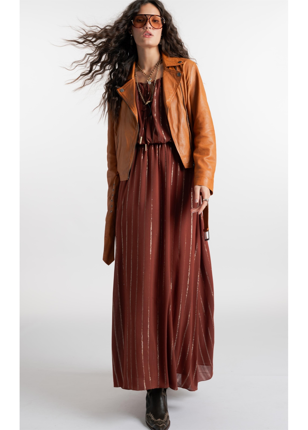 Vestido Visco Lurex Ruching Marrom