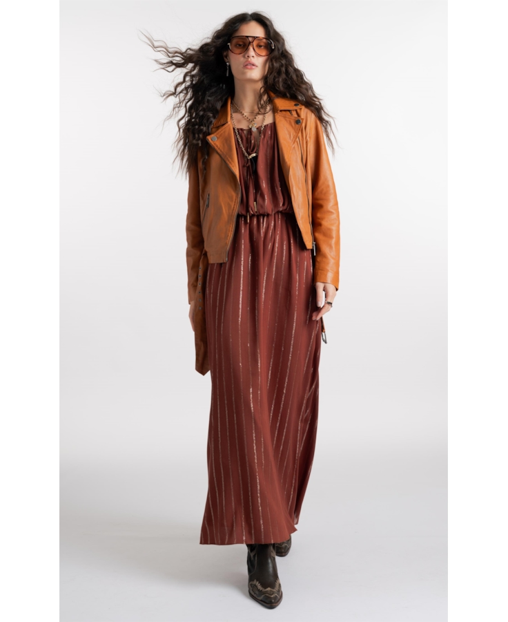 Vestido Visco Lurex Ruching Marrom