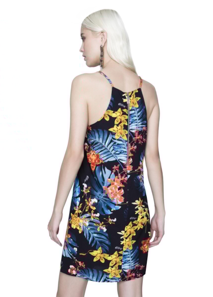 Vestido Viscose Tropical Orchid Decote v Est Dark Navy C/Turquesa e Coral