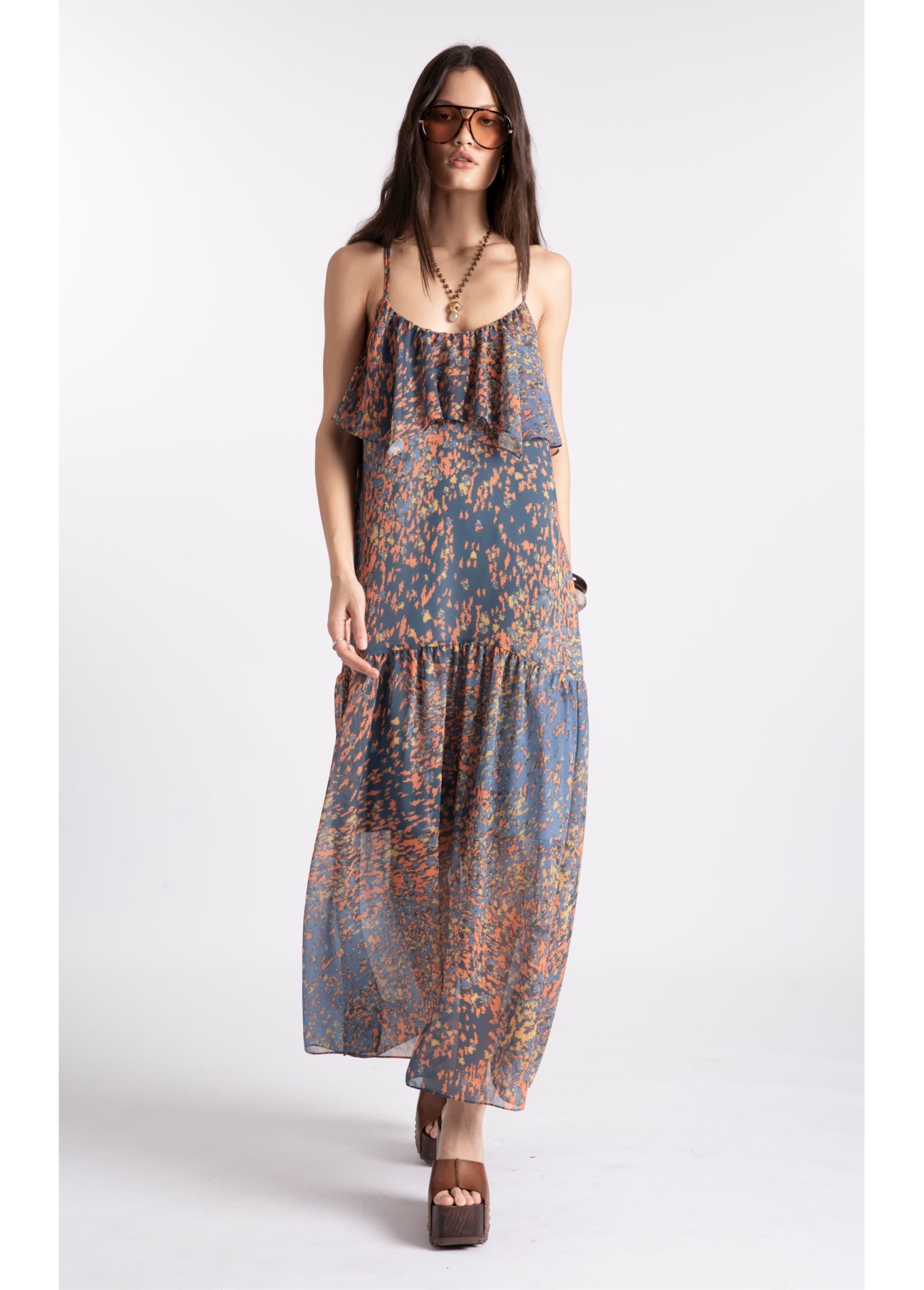 Vestido Watercolor Flowers Midi Petroleo