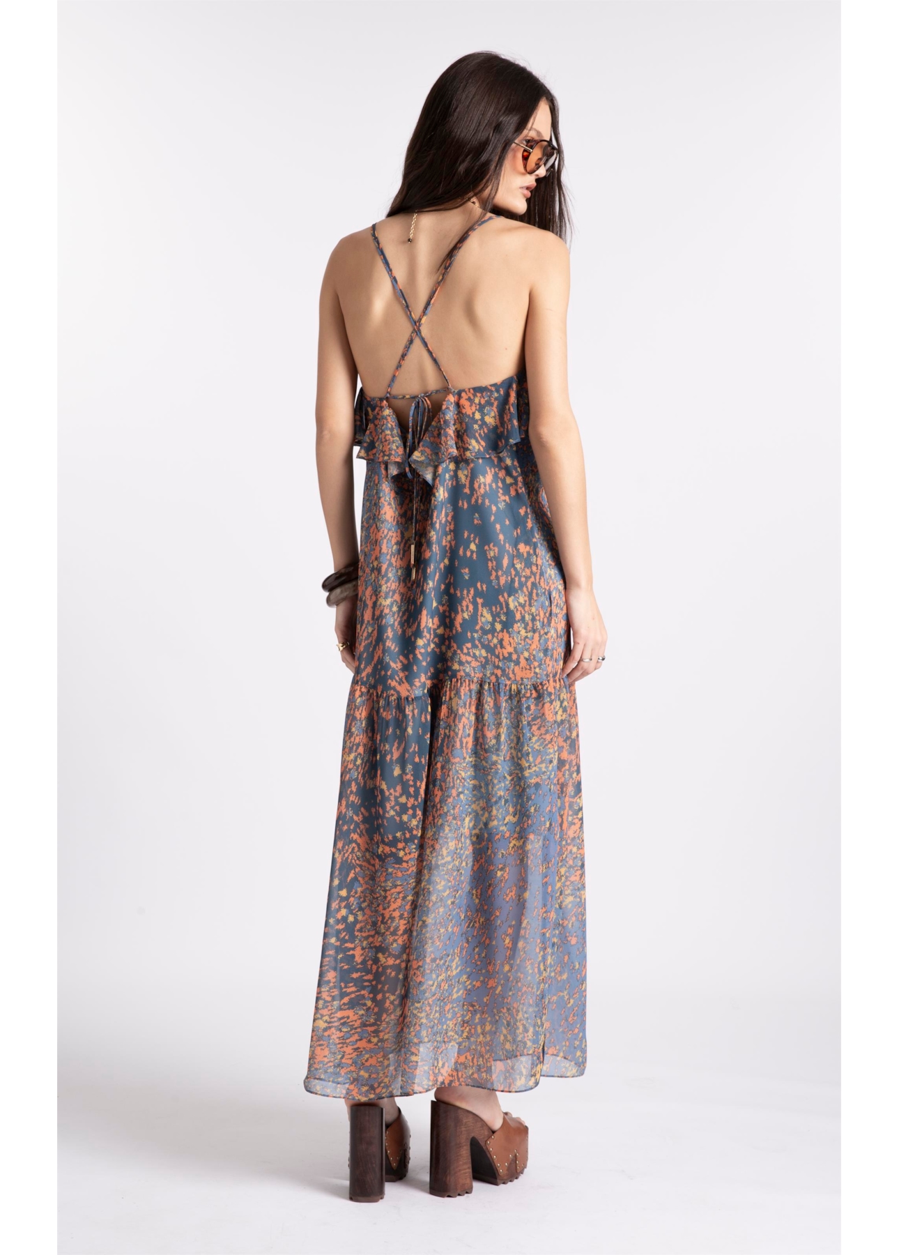 Vestido Watercolor Flowers Midi Petroleo
