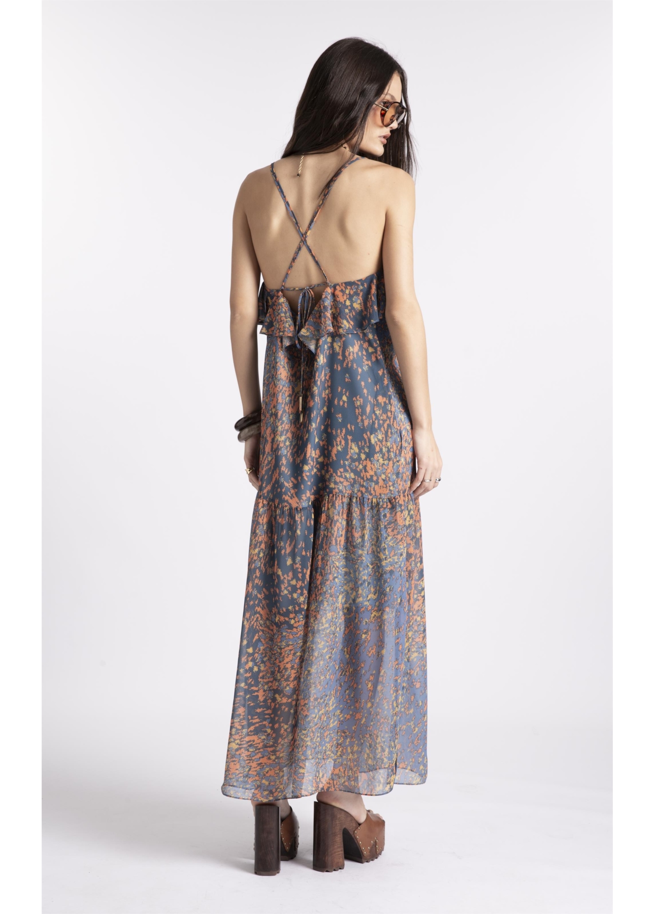 Vestido Watercolor Flowers Midi Petroleo