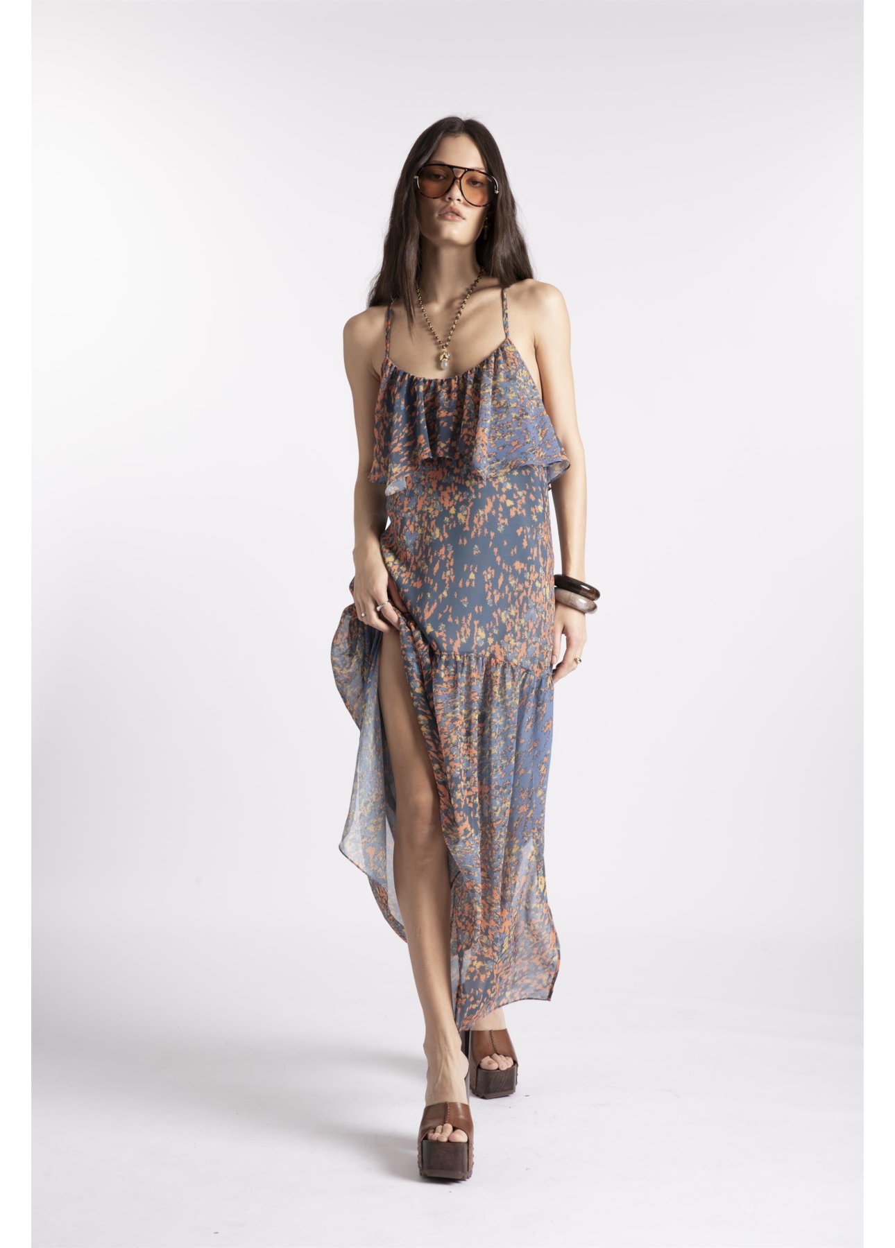 Vestido Watercolor Flowers Midi Petroleo