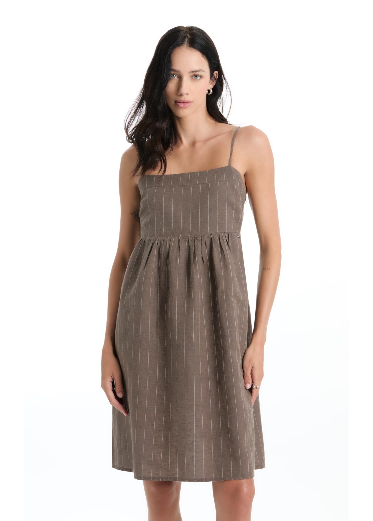 Vestido Wide Stripes Ruching Tabaco