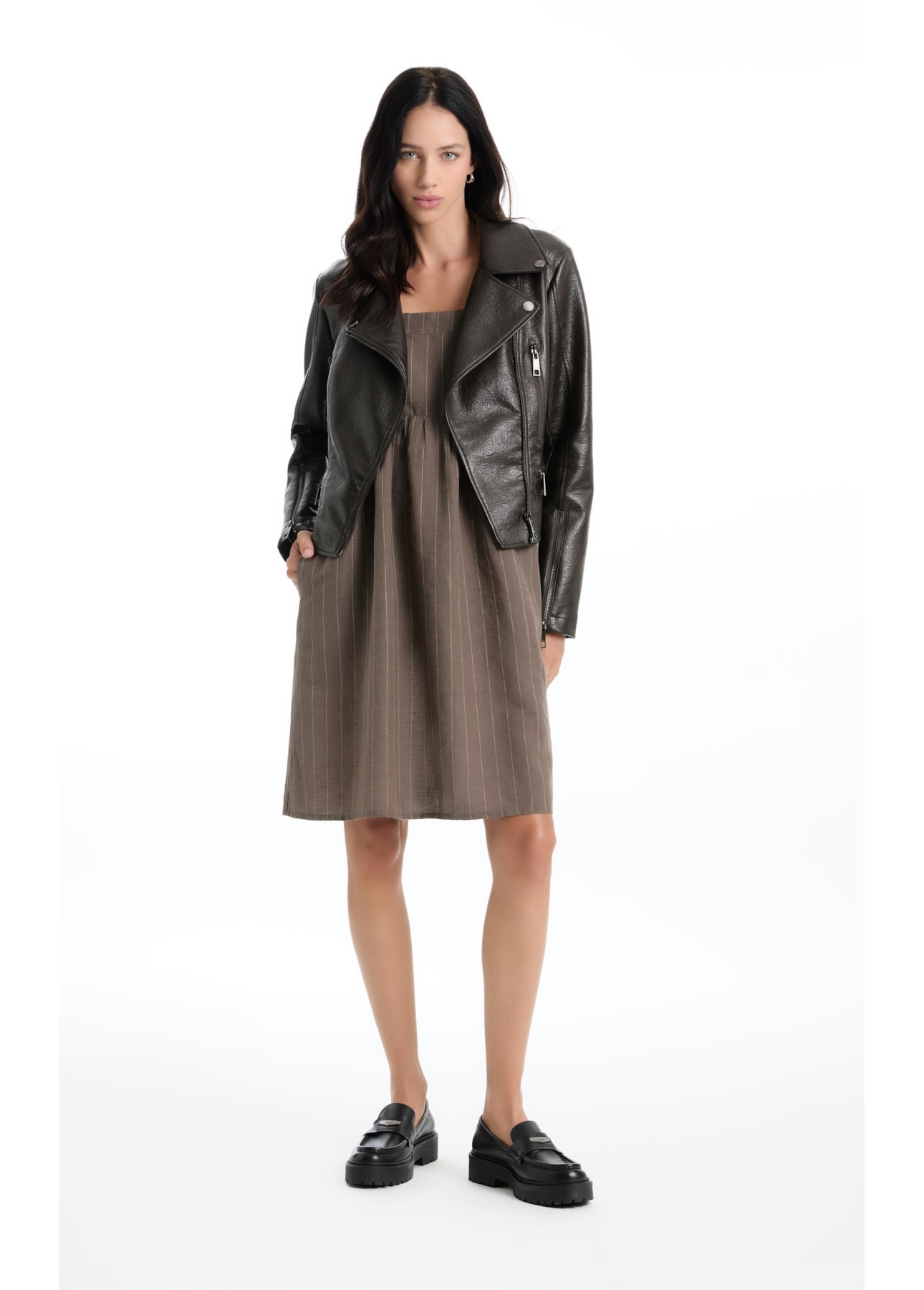 Vestido Wide Stripes Ruching Tabaco